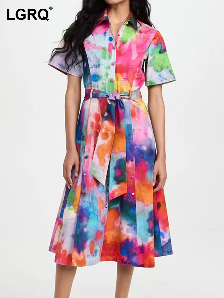 LGRQ Spliced Lace Up Colorblock Dresses For Women Lapel Short Sleeve High Waist Single Breasted Print Midi Dress Female 19J4165
LGRQ Spliced Lace Up Colorblock Dresses For Women Lapel Short Sleeve High Waist Single Breasted Print Midi Dress Female 19J4165