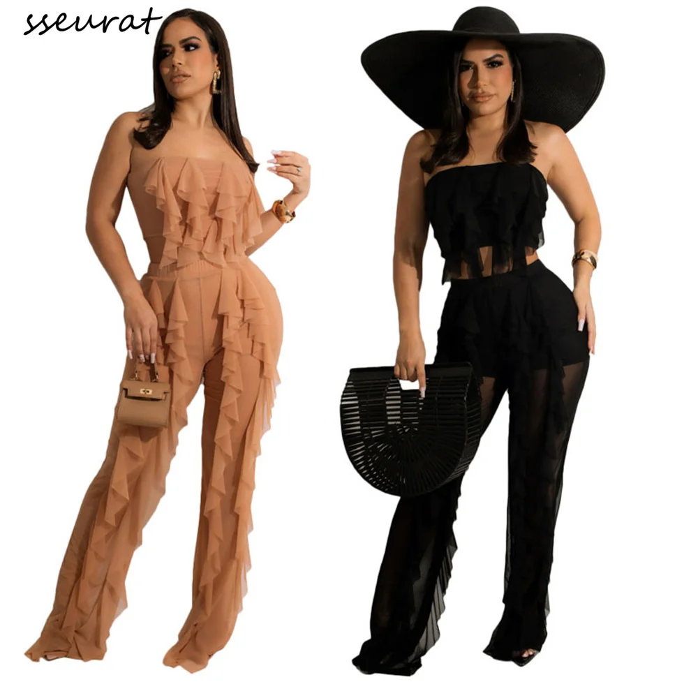 SSEURAT 2022 Summer Beach Two Piece Set Ruffles Strapless Crop Top Sheer Mesh Pants with Panties Women Sexy Suit
SSEURAT 2022 Summer Beach Two Piece Set Ruffles Strapless Crop Top Sheer Mesh Pants with Panties Women Sexy Suit