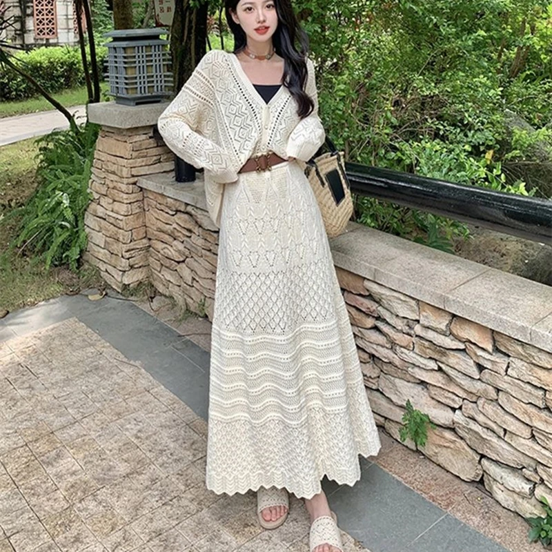 Женский весенний вязаный комплект из 2 предметов, ажурный кардиган и юбка, 2023 
Женский весенний вязаный комплект из 2 предметов, ажурный кардиган и юбка, 2023