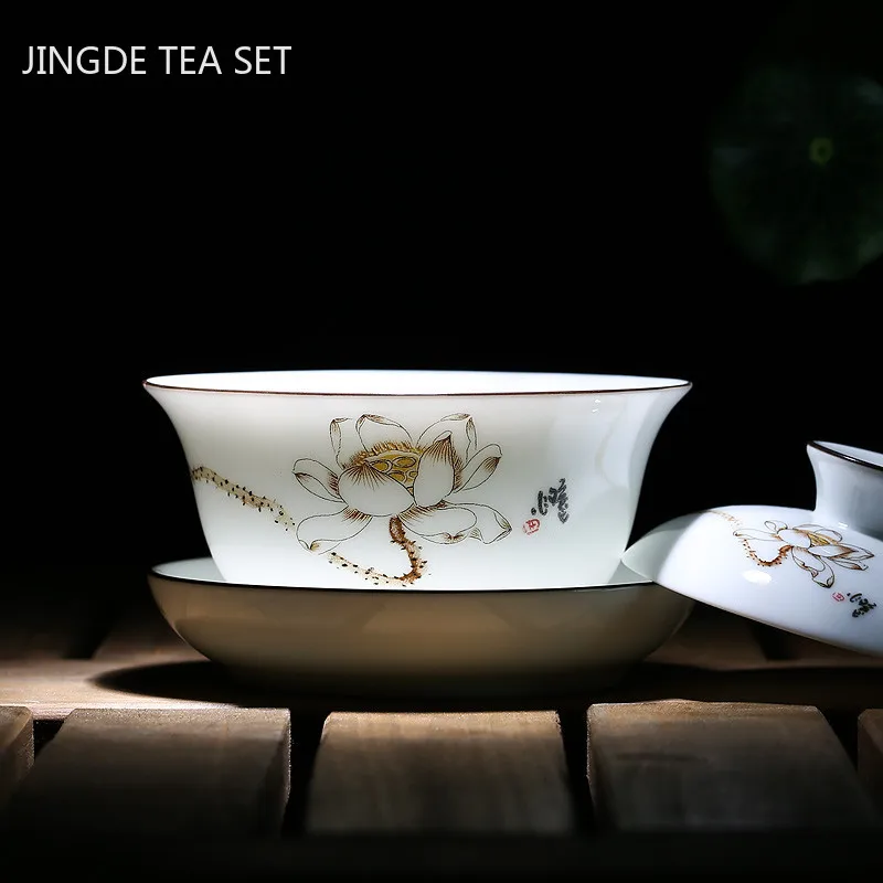 

Китайский Ручная роспись чайная чаша высококачественный белый фарфор Gaiwan портативный керамический чайный набор аксессуары для чайной цер...