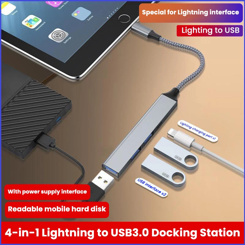 

4 in 1 USB HUB Docking Station For iPhone 8-Pin To USB 3.0/Lightning USB 3.0 OTG Adapter With Powered HUB Dock for ipad iPhone