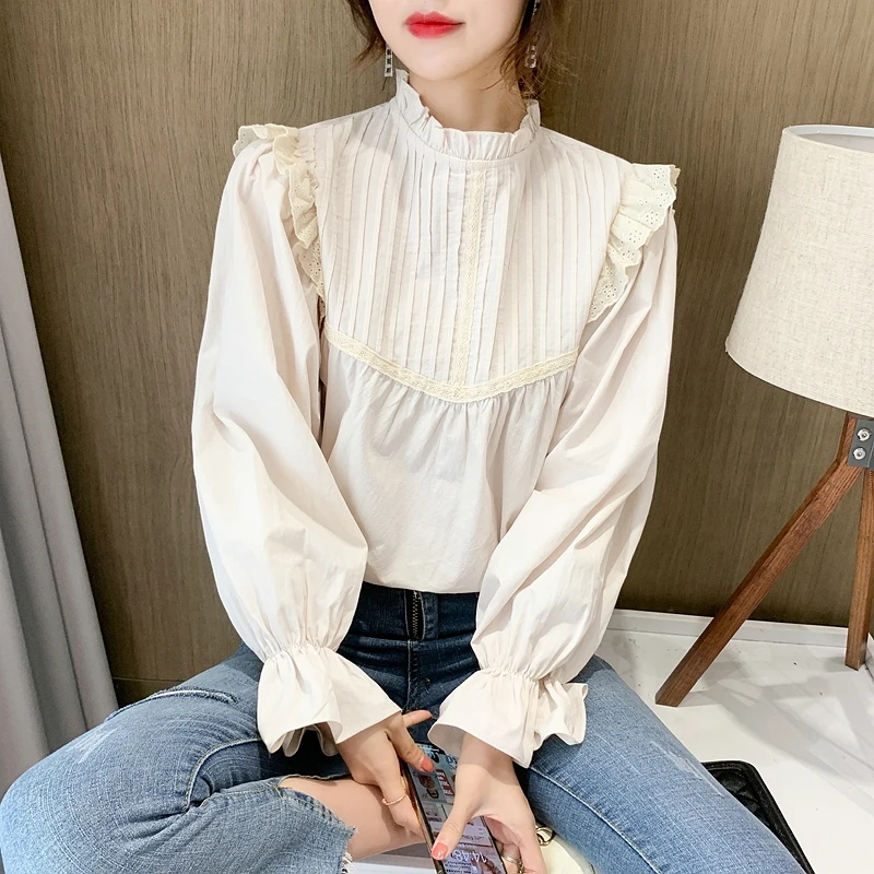 Autumn Women Long Sleeved Standing Neck French Flare Sleeves Solid Color Ruffle Pleated Versatile Chiffon Shirt Blouse Tops A260
Autumn Women Long Sleeved Standing Neck French Flare Sleeves Solid Color Ruffle Pleated Versatile Chiffon Shirt Blouse Tops A260