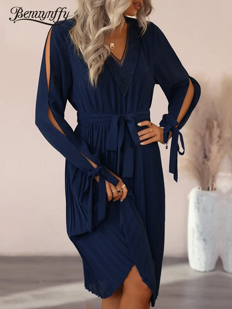 

Benuynffy V-neck Solid Lace Up Cuff Slit Belted Dress Women Spring Summer Casual Long Sleeve Pleated Hem Midi A-Line Dresses