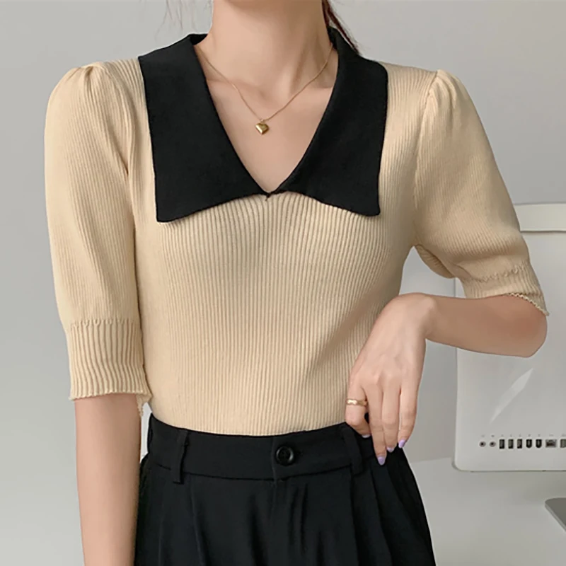 Turn-down Collar Knitted Short T Shirt Women Puff Sleeve Tshirts Casual Tops Summer Korean Clothes Womens Tees Camisetas Mujer
Turn-down Collar Knitted Short T Shirt Women Puff Sleeve Tshirts Casual Tops Summer Korean Clothes Womens Tees Camisetas Mujer
