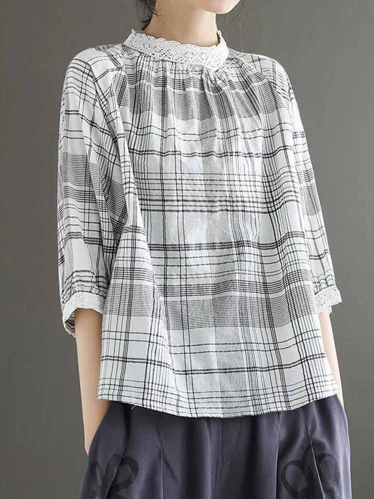 Retro Plaid Lace Stand Half Sleeve Fashion All-match Pullover Shirt Spring And Summer New Cotton Linen Comfortable Women Top
Retro Plaid Lace Stand Half Sleeve Fashion All-match Pullover Shirt Spring And Summer New Cotton Linen Comfortable Women Top