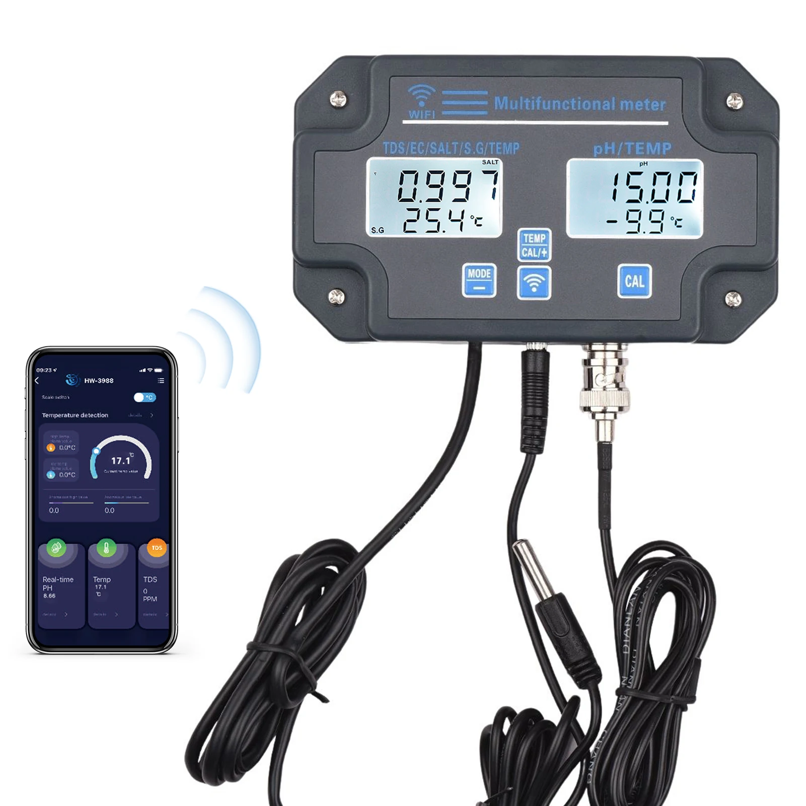 6 in 1 Wifi Digital Water Quality Tester Wall Mounted Water Analyzer PH/ EC/ TDS/ SALT/ G.S/ Temperature APP Remote Monitoring
6 in 1 Wifi Digital Water Quality Tester Wall Mounted Water Analyzer PH/ EC/ TDS/ SALT/ G.S/ Temperature APP Remote Monitoring
