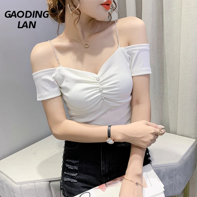 Summer New Women Slash Neck Short Sleeve T-shirts Drill Chain Sling Solid Color Slim Fit Sexy Tops Nail Buckle Large Size Tees
Summer New Women Slash Neck Short Sleeve T-shirts Drill Chain Sling Solid Color Slim Fit Sexy Tops Nail Buckle Large Size Tees