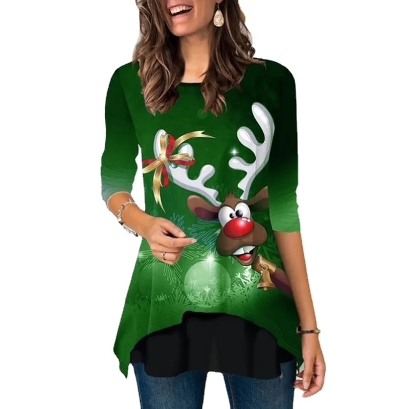 Winter Christmas Clothing Woman Party T Shirt 2021 New Autumn Irregular Cartoon Deer Print T Shirt Loose Casual Long Sleeve Tops
Winter Christmas Clothing Woman Party T Shirt 2021 New Autumn Irregular Cartoon Deer Print T Shirt Loose Casual Long Sleeve Tops
