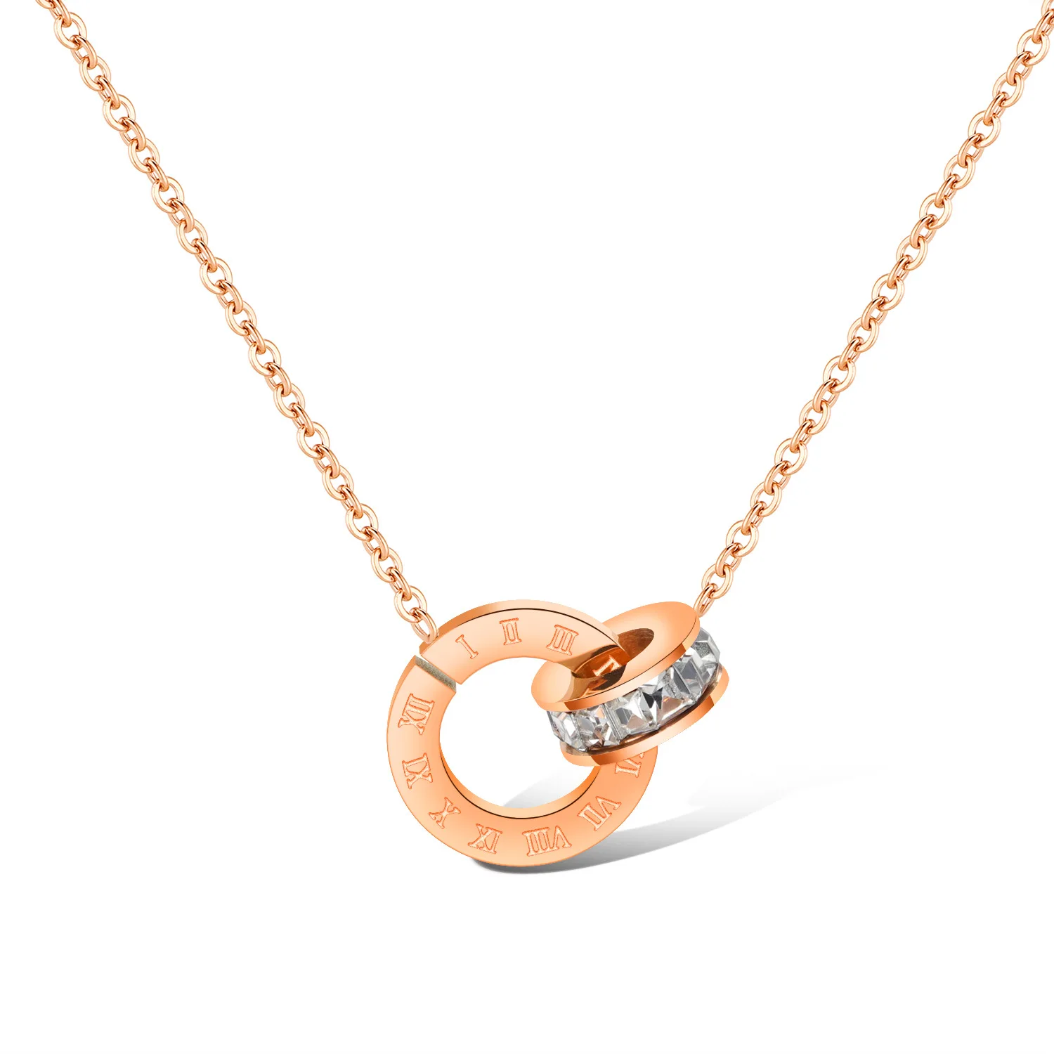 Titanium Steel Rose Gold Plated Double Ring Roman Numerals Necklace Short Style with Diamond Collar Chain
Titanium Steel Rose Gold Plated Double Ring Roman Numerals Necklace Short Style with Diamond Collar Chain