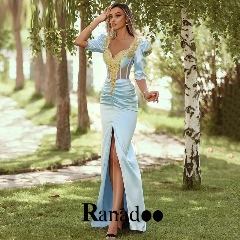 Sky Blue Half Sleeve Evening Dresses Trumpet V Neck Pleats Lace Illusion Appliques Slit Floor Length Dresses For Women 2022
Sky Blue Half Sleeve Evening Dresses Trumpet V Neck Pleats Lace Illusion Appliques Slit Floor Length Dresses For Women 2022