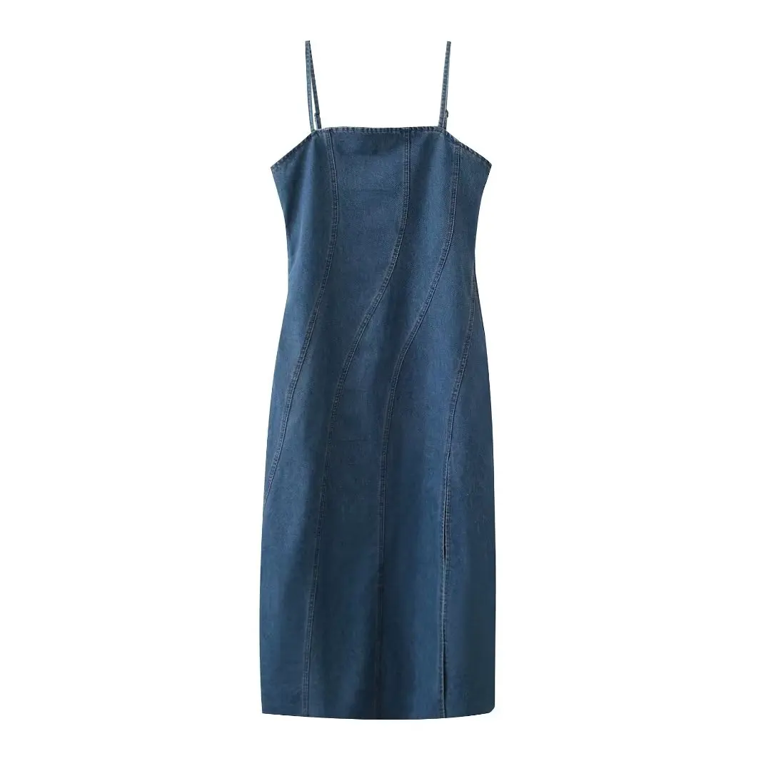 

Women's 2023 Summer Fashion New Vintage Curve Spliced Strap Denim Dress Open Back Split Casual and Unique Female Midi Dress