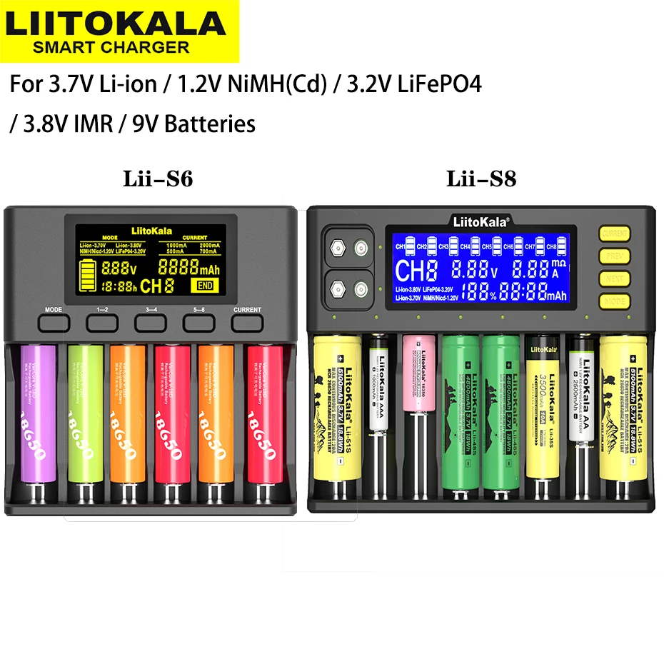 LiitoKala Lii-S8 Lii-S6 Lii-PD4 Lii-PD2 Smart Battery Charger for 3.7V Li-ion 1.2V NiMH 3.2V Li-FePO4 32700 21700 18650 AA AAA
LiitoKala Lii-S8 Lii-S6 Lii-PD4 Lii-PD2 Smart Battery Charger for 3.7V Li-ion 1.2V NiMH 3.2V Li-FePO4 32700 21700 18650 AA AAA