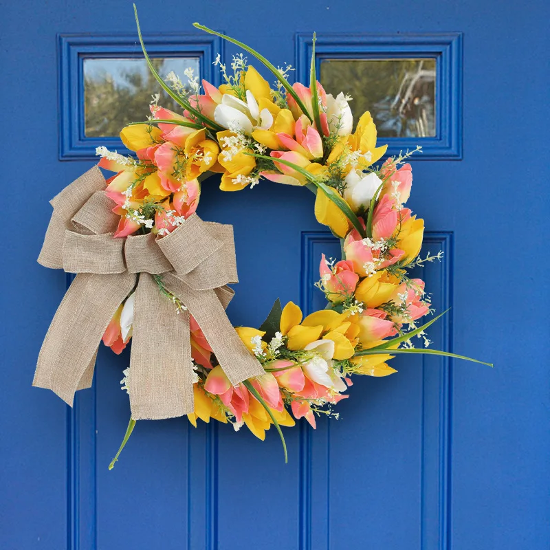 

13.7inFashion Tulip Simulation Floral Wreath Easy to Care Hanging Garland Home Decor Easter Door Artificial Flower Wedding Decor