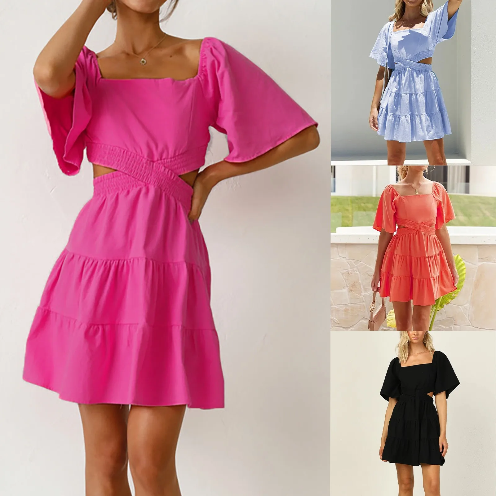 Women's Summer Cut Out Casual Short Sleeve Dress Sweetheart Neck Tiered Mini Dresses Low Cut Aline Dresses
Women's Summer Cut Out Casual Short Sleeve Dress Sweetheart Neck Tiered Mini Dresses Low Cut Aline Dresses