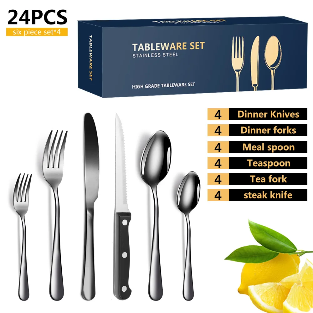 24 PCS Titanium Coated Stainless Steel Tableware 6 Component Set Gold Dinnerware Wide Blade Steak Knife Fork Spoon Cutlery Set
24 PCS Titanium Coated Stainless Steel Tableware 6 Component Set Gold Dinnerware Wide Blade Steak Knife Fork Spoon Cutlery Set
