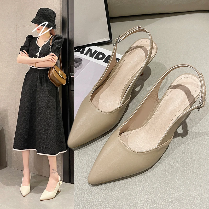 

European and American Style Shoes Simple Thin Heel High Shallow Mouth Pointed End Hollowed Out Rear Trip Belt Pedicure Delicate
