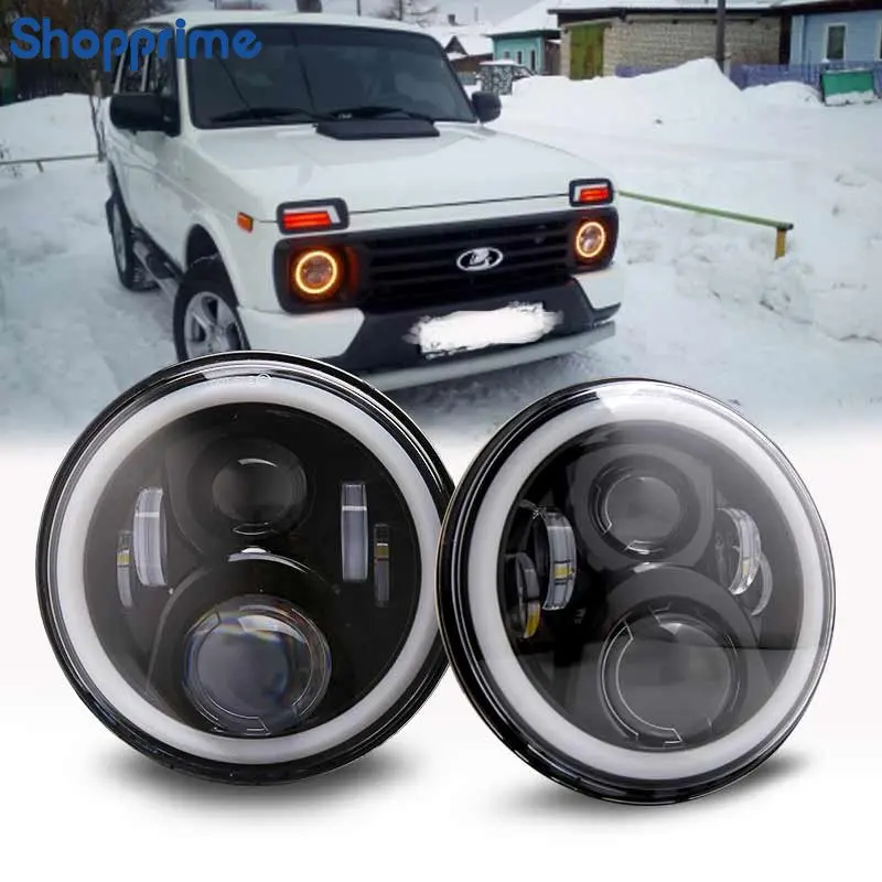 

7" Car Headlamp H4 DRL Round 7'' Headlights for Lada Niva Urban Jeep Wrangler Off Road 4x4 Led Halo Ring Turn Signals