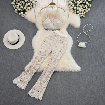 Fashion Women Summer Knitted Sets Halter Short Tops+ Wide Leg Long Pants Sets Beach Sexy Backless Hollow Out Two Piece Suits
Fashion Women Summer Knitted Sets Halter Short Tops+ Wide Leg Long Pants Sets Beach Sexy Backless Hollow Out Two Piece Suits