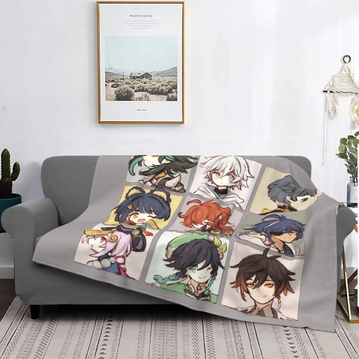 

Genshin Impact Characters Chibi Assemble Blankets Flannel Summer Manga Lightweight Throw Blankets for Bed Bedroom Bedspreads