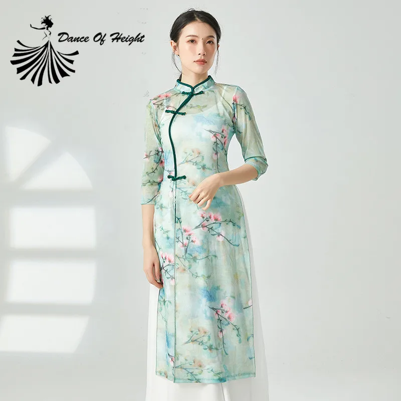 

Chinese Hanfu Traditional Woman Dress See-through Top Oriental Classic Gauze Cheongsam Stretch Print Dancer Outfit Qipao XL