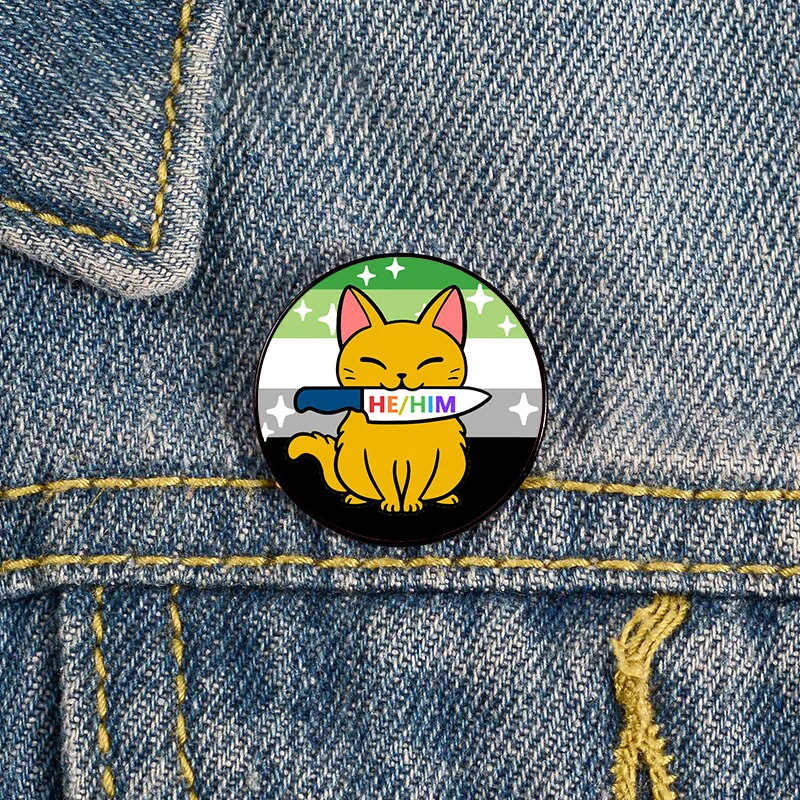 Aromantic Pride Cute Killer Cat with Knife HE HIM pronouns Pin Custom Cartoon Brooches Shirt teacher tote Bag backpacks gift pin
Aromantic Pride Cute Killer Cat with Knife HE HIM pronouns Pin Custom Cartoon Brooches Shirt teacher tote Bag backpacks gift pin