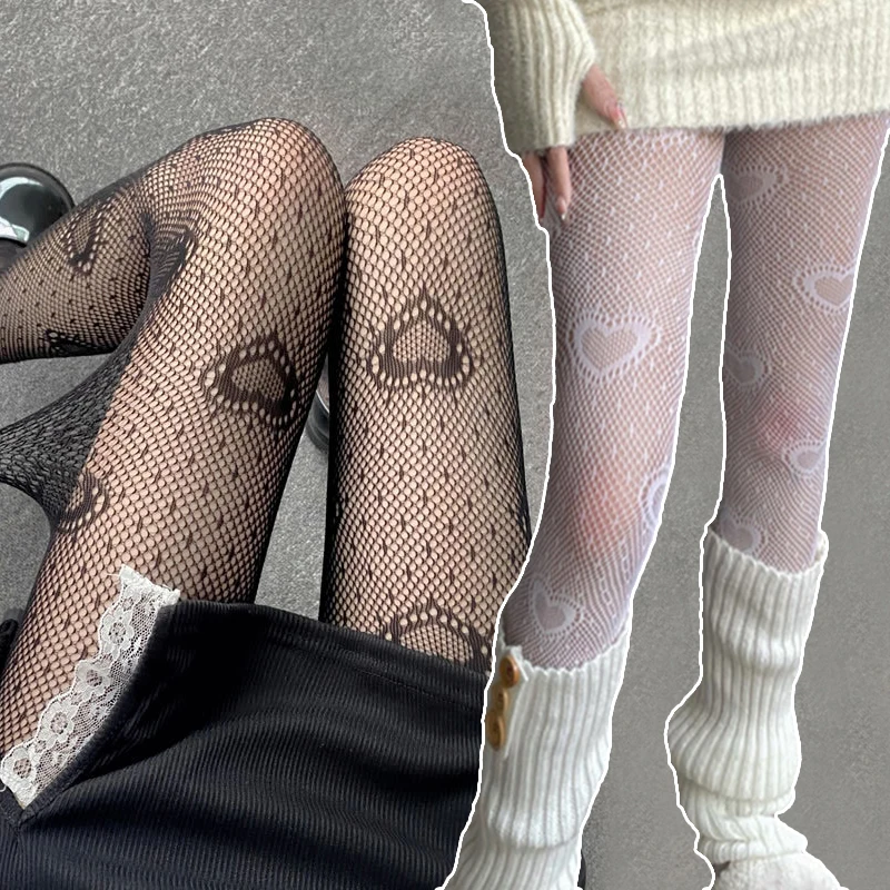 

Heart Flower Mesh Stockings Japanese Girl Lolita Ins Tights White Fishnet Pantyhose Female for Women Summer Legging Stocking