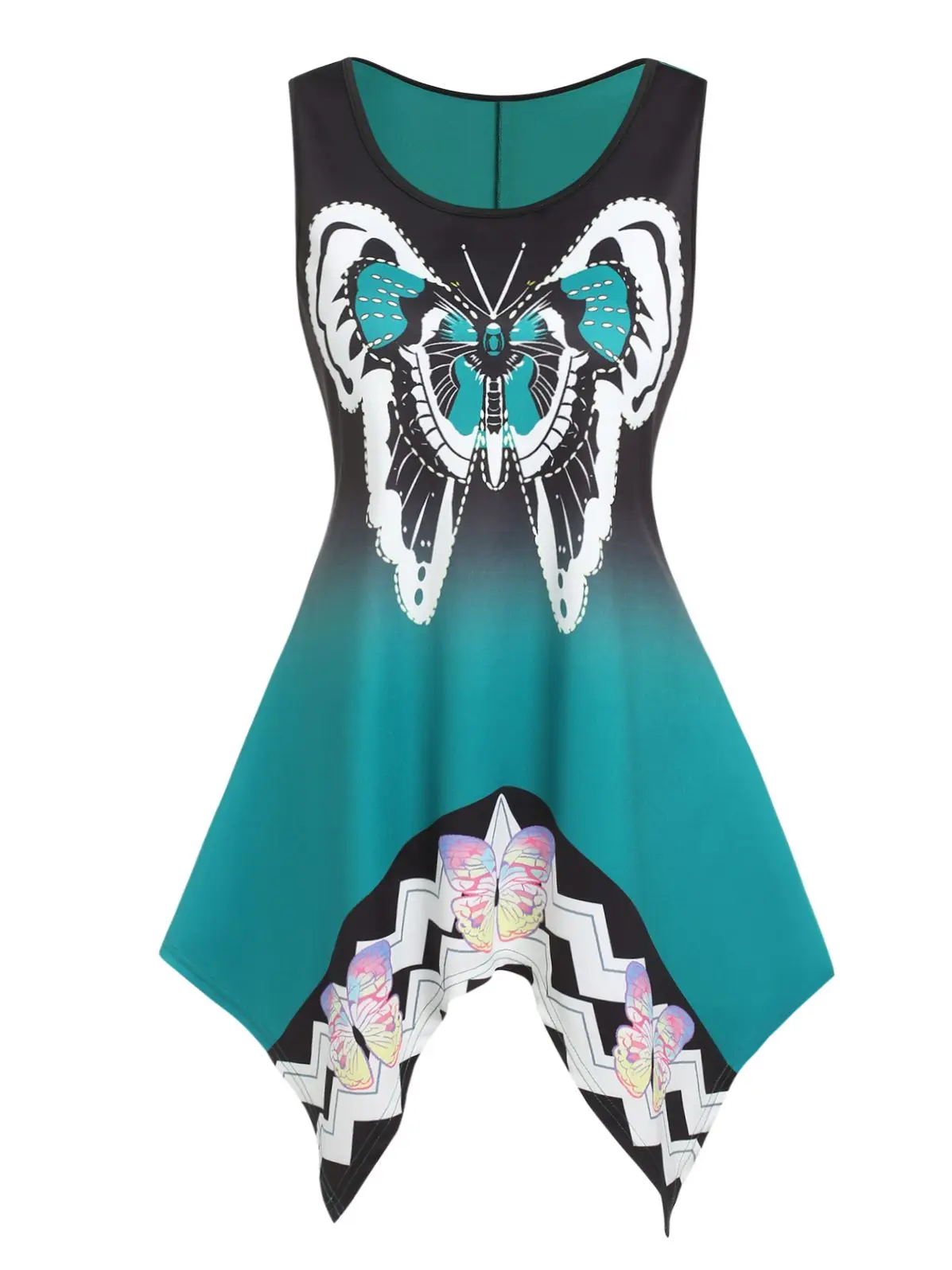 

Dressfo Gradient Casual Tank Top Butterfly Print Asymmetric Women Tops Summer Scoop Neck Sleeveless Long Shirt