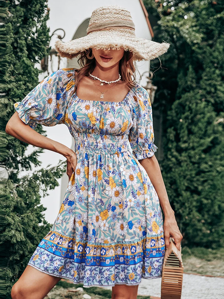 Summer Boho Dress Mini Short Sleeve Square Collar Elastic Waist Loose Sundress Backless New Fashion Bohemian Chic Dresses
Summer Boho Dress Mini Short Sleeve Square Collar Elastic Waist Loose Sundress Backless New Fashion Bohemian Chic Dresses