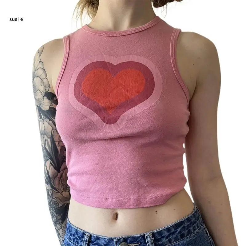 

X7YA Women's High Neck Crop Top Heart Print Sleeveless Ribbed Knit Cami Crop Tanks Tops Summer T Shirt Y2K Streetwear