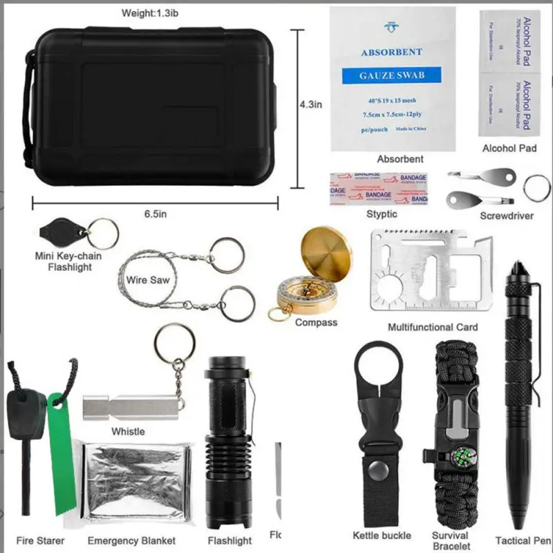 Outdoor survival tool set multifunctional field first aid kit, defense pen, folding knife, flashlight, dual whistle,etc
Outdoor survival tool set multifunctional field first aid kit, defense pen, folding knife, flashlight, dual whistle,etc