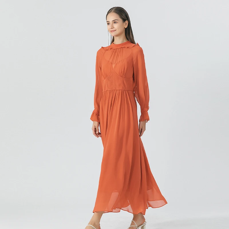 Persimmon Red Double Layer Georgette Mulberry Silk Stand Collar Trumpet Long Sleeves Open Back Design Slim Silk Dress AE1726
Persimmon Red Double Layer Georgette Mulberry Silk Stand Collar Trumpet Long Sleeves Open Back Design Slim Silk Dress AE1726