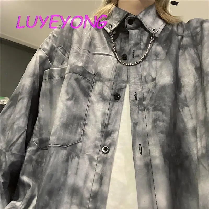 Basic Street Shirt Lady Harajuku Loose Gray Tie Dye Cool Shirts With Chain Female Singe Breasted Long Sleeve Top 2023 Autumn
Basic Street Shirt Lady Harajuku Loose Gray Tie Dye Cool Shirts With Chain Female Singe Breasted Long Sleeve Top 2023 Autumn