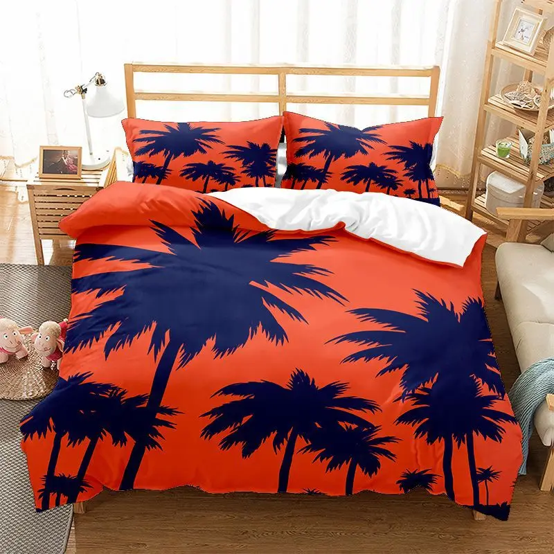 

Tropical Duvet Cover Set King Queen Tropical Palm Trees Silhouette Bedding Set Exotic Palm Grove Polyester Quilt Cover Orange