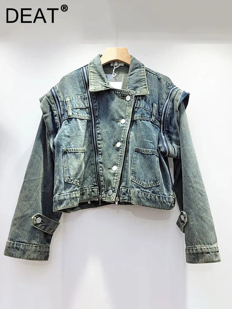 DEAT Women's Denim Coats Patchwork Zipper Design Diagonal Buckle Washed Long Sleeve Jackets 2023 Autumn New Fashion 29L4166 
DEAT Women's Denim Coats Patchwork Zipper Design Diagonal Buckle Washed Long Sleeve Jackets 2023 Autumn New Fashion 29L4166