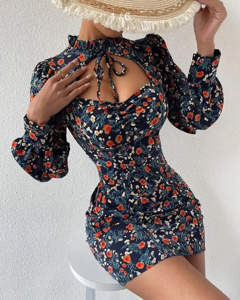 Ditsy Floral Print Cutout Lantern Sleeve Dress Autumn Europe and America Fashion Chic Mini Skinny Women's Sweet Dresses
Ditsy Floral Print Cutout Lantern Sleeve Dress Autumn Europe and America Fashion Chic Mini Skinny Women's Sweet Dresses