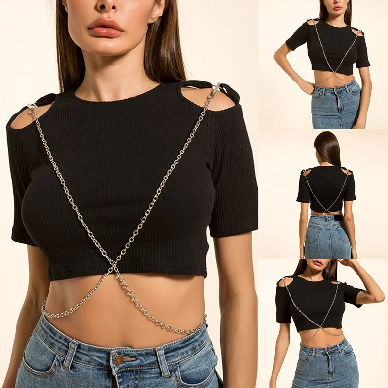 Women's Fashion Solid Color Hollow Sexy Hollow Chain Navel Slim Short T-Shirt Tops Black 
Women's Fashion Solid Color Hollow Sexy Hollow Chain Navel Slim Short T-Shirt Tops Black