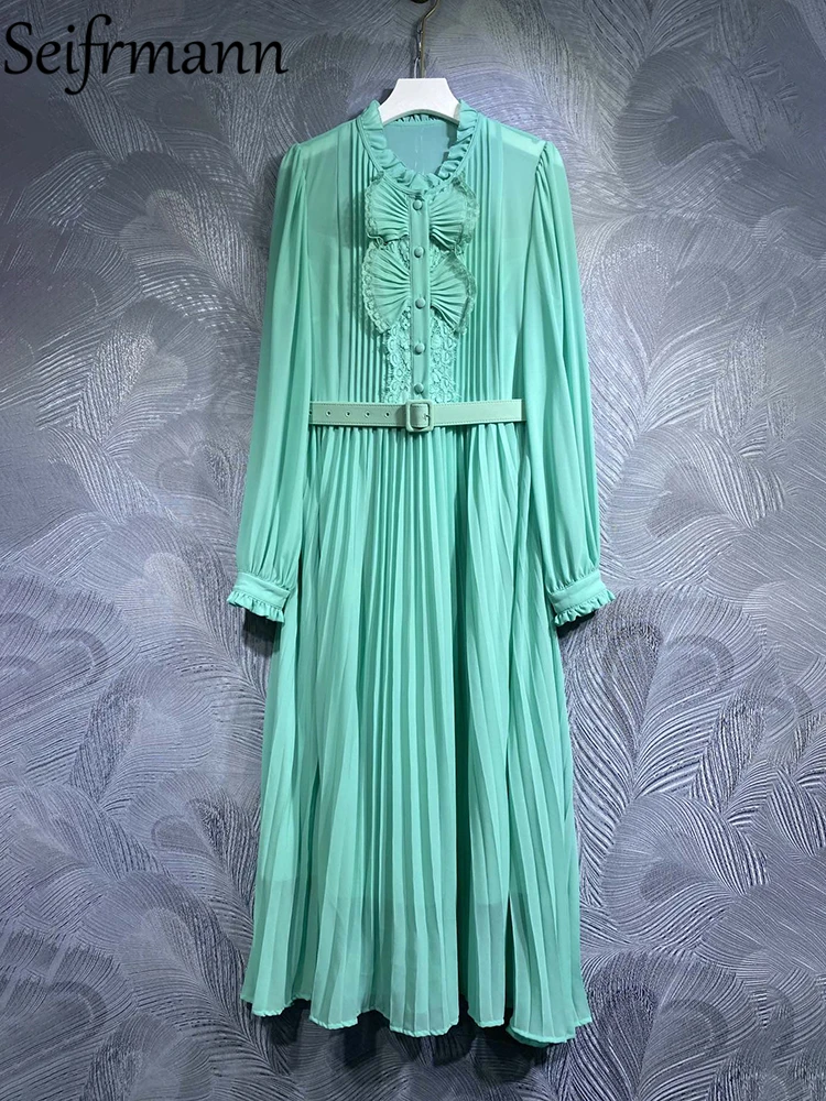 

Женское модельное платье Seifrmann, однотонное длинное платье с рукавами-фонариками, оборками и кружевной отделкой, Драпированное драпировкой, лето