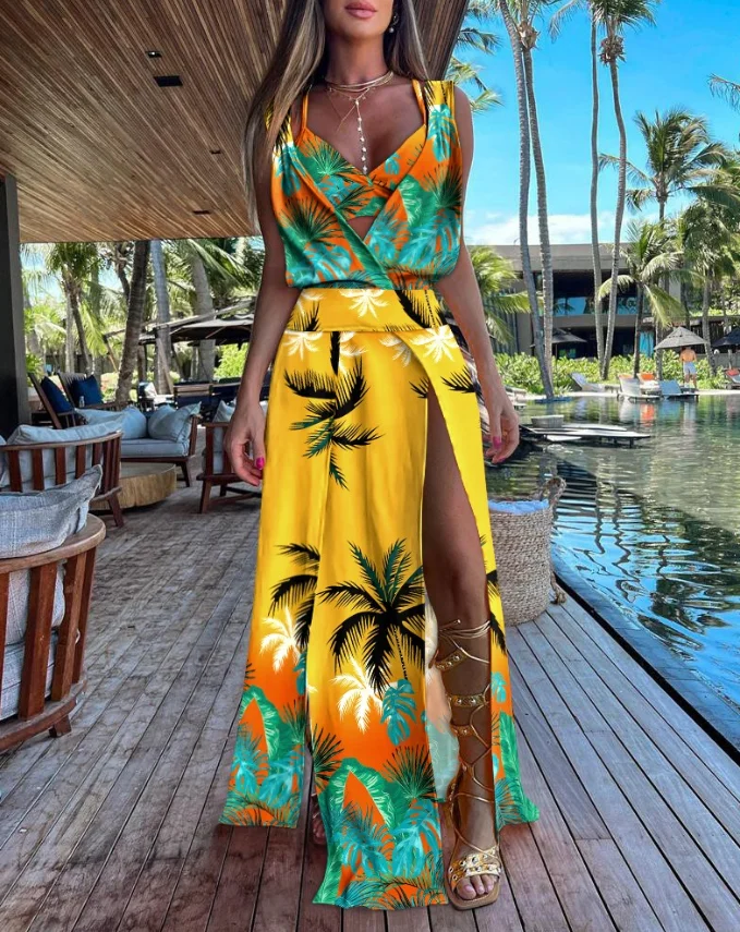 

Sexy Dresses for Women 2023 Summer Fashion Vacation Tropical Print Sleeveless Plunge Female High Slit Maxi Dress With Bra Top