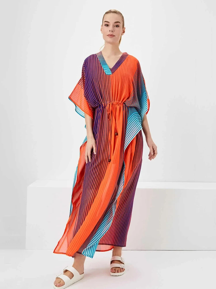 Rainbow Stiped Beach Cover Ups Short Sleeve Kaftans for Women Maxi Dresses Long Tunic Robe Drawstring Waist Bathing Suits
Rainbow Stiped Beach Cover Ups Short Sleeve Kaftans for Women Maxi Dresses Long Tunic Robe Drawstring Waist Bathing Suits