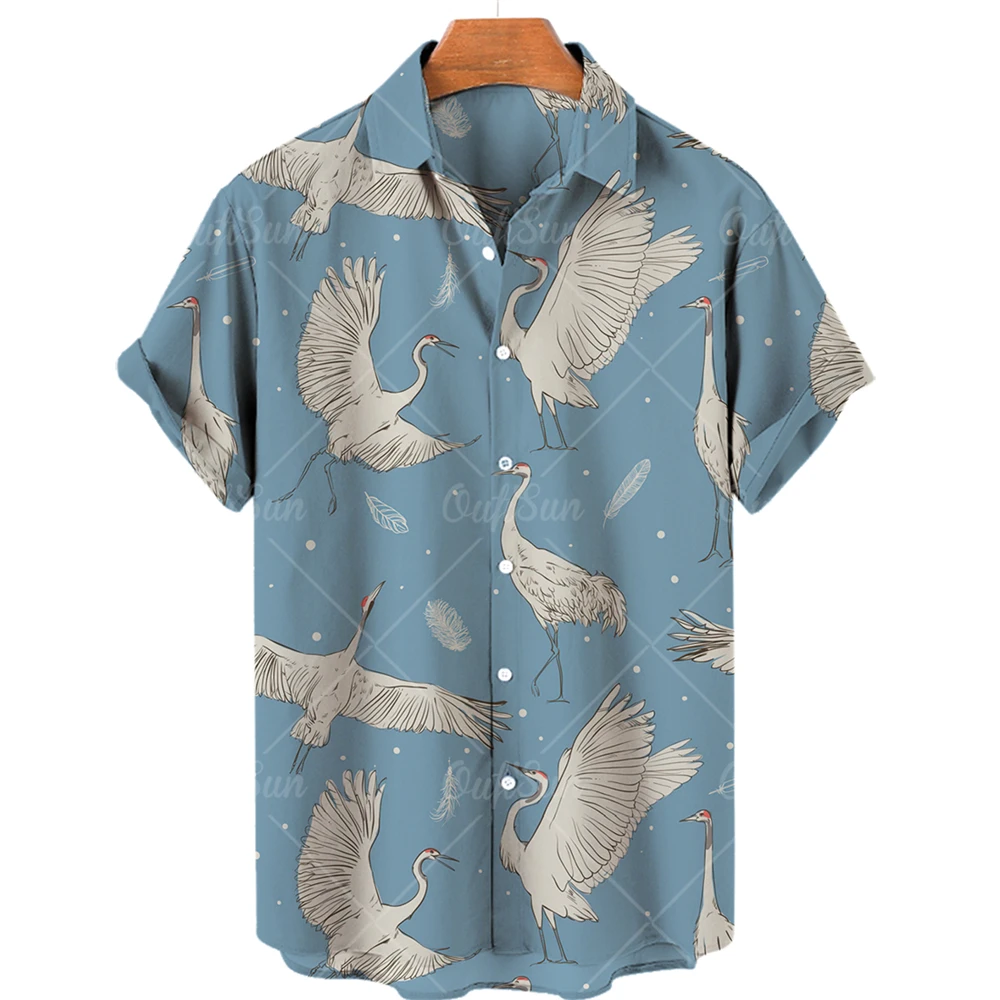

2023 Summer Men's Shirt Hawaiian Shirt 3d Animal Print Crane Casual Short Sleeve Single Breasted Lapel Top