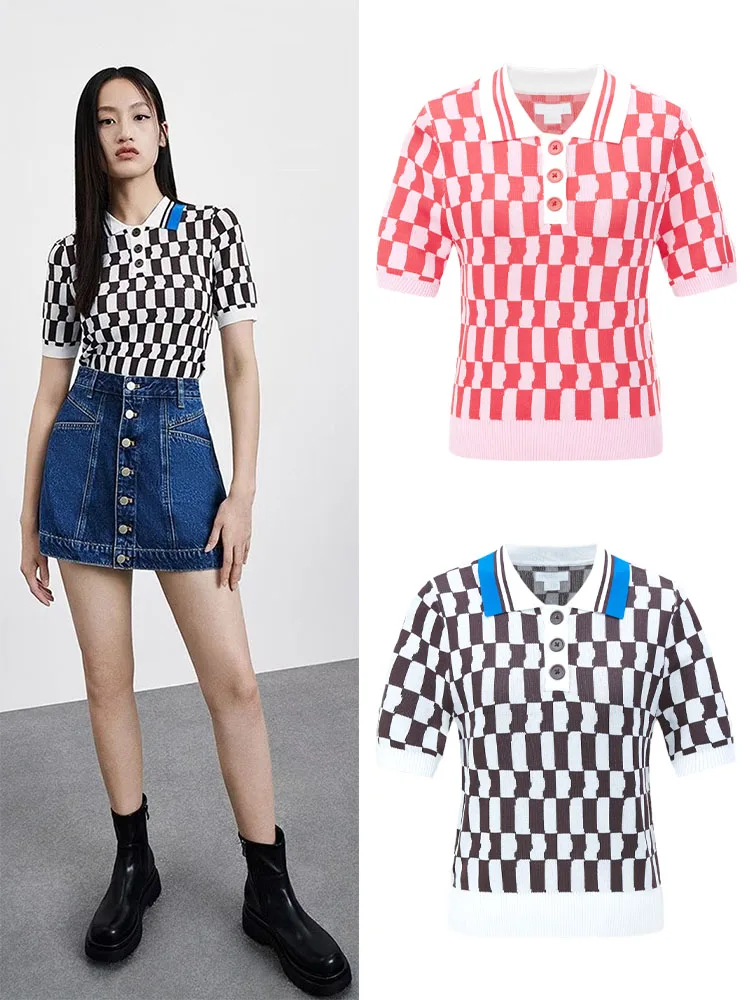 Summer new women's trend contrast color checkerboard polo collar short-sleeved knitted T-shirt
Summer new women's trend contrast color checkerboard polo collar short-sleeved knitted T-shirt