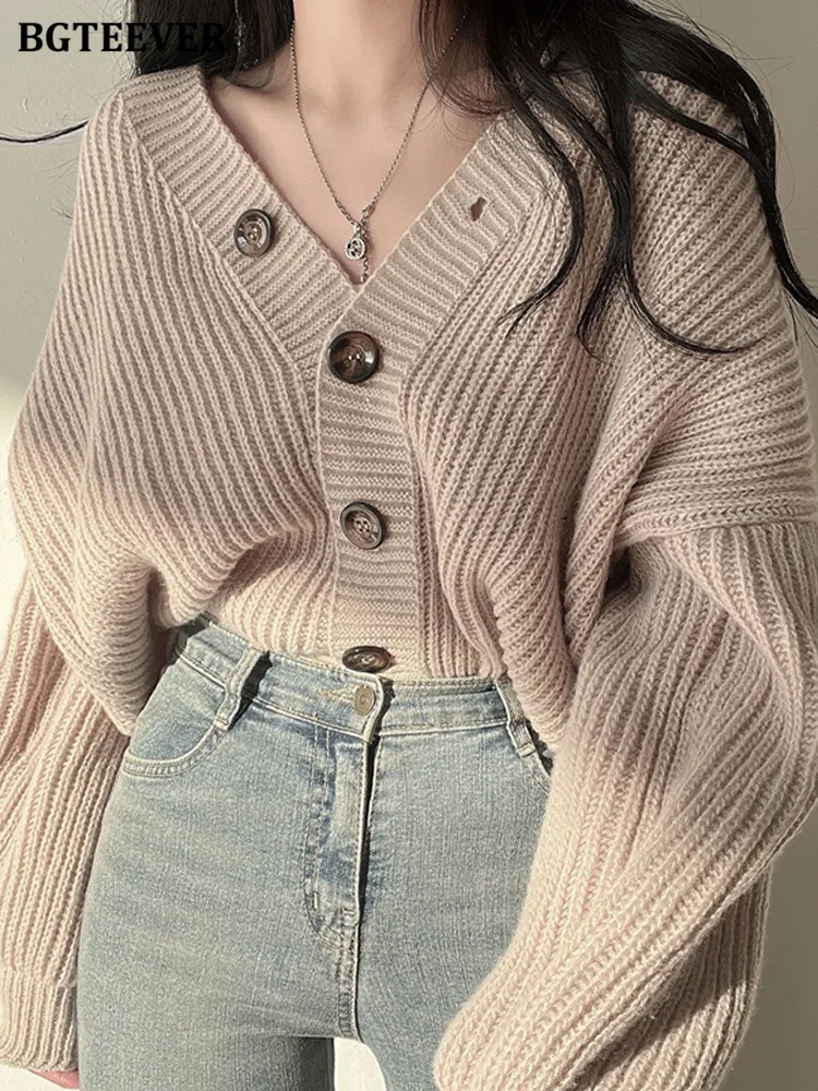 

Женский однобортный свитер BGTEEVER с V-образным вырезом, свободный трикотажный свитер с длинным рукавом и открытым стежком, Осень-зима