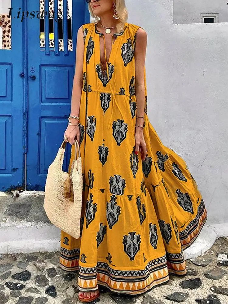 2022 Women Summer Fashion Print Beach Boho Dress Casual Loose Sleeveless Long Dress Sexy V Neck Drawstring Party Dress Vestidos
2022 Women Summer Fashion Print Beach Boho Dress Casual Loose Sleeveless Long Dress Sexy V Neck Drawstring Party Dress Vestidos