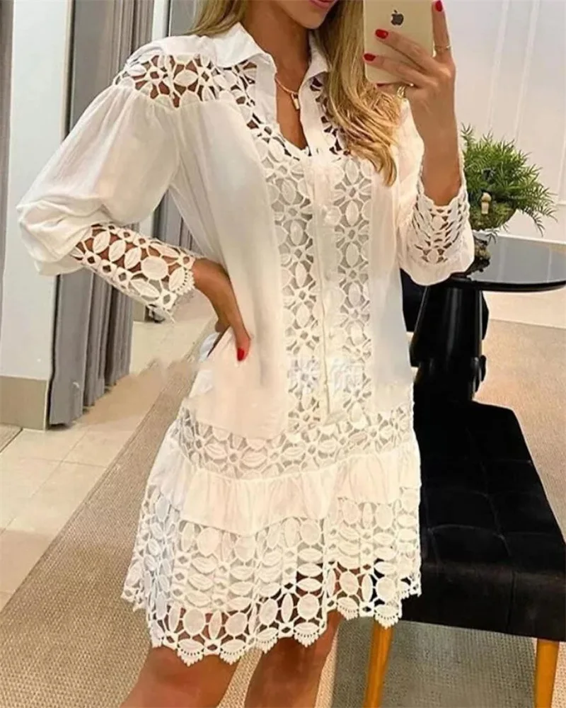 Elegant Lace Shirt Dress Women Casual Hollow Out Button Short Dress Fashion Spring Autumn Dresses 2022
Elegant Lace Shirt Dress Women Casual Hollow Out Button Short Dress Fashion Spring Autumn Dresses 2022