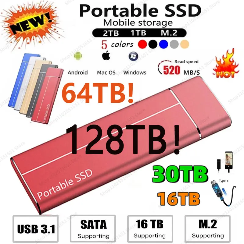 Protable 128TB 64T SSD High Speed USB3.1 16TB 2TB 1TB External Solid State Drive Mobile Storage Device Hard Drive for Laptop PS4
Protable 128TB 64T SSD High Speed USB3.1 16TB 2TB 1TB External Solid State Drive Mobile Storage Device Hard Drive for Laptop PS4