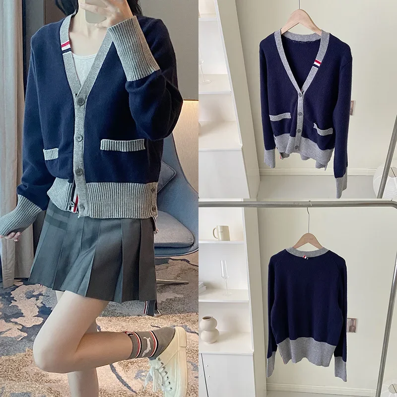 High Quality Korean Fashion TB Contrast V-Neck Contrast Wool Knitted Cardigan Loose 23 Pre Autumn New Versatile Casual Coat
High Quality Korean Fashion TB Contrast V-Neck Contrast Wool Knitted Cardigan Loose 23 Pre Autumn New Versatile Casual Coat