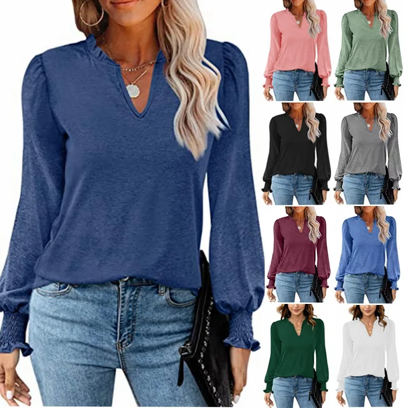 2023 Wooden Ear Edge V-Neck Pleated Bubble Sleeve Women Cotton T-Shirt Loose Casual Commuter style High Quality Long Sleeve Tops
2023 Wooden Ear Edge V-Neck Pleated Bubble Sleeve Women Cotton T-Shirt Loose Casual Commuter style High Quality Long Sleeve Tops