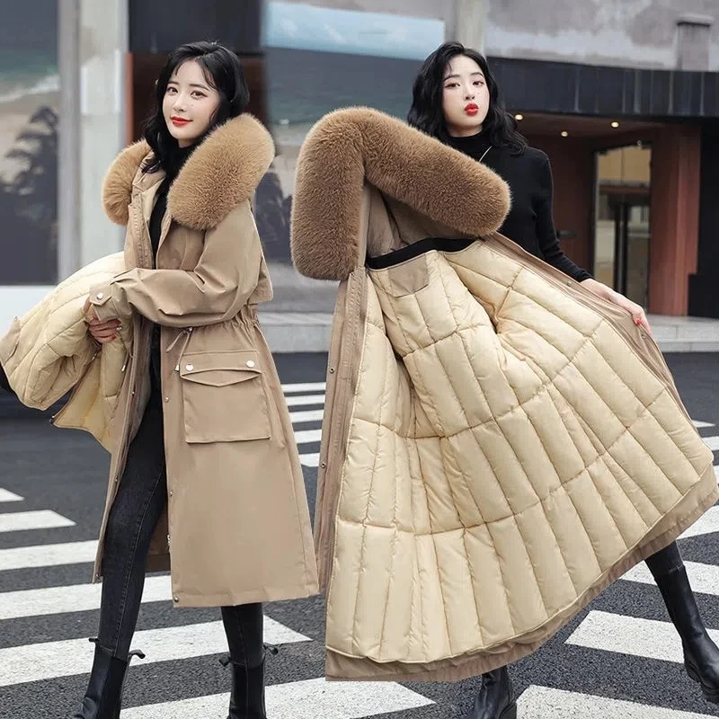 

Женское длинное хлопковое пальто со съемной подкладкой, корейское Свободное пальто с капюшоном и хлопковой подкладкой, новинка 2023, теплые утепленные парки, куртка оверсайз