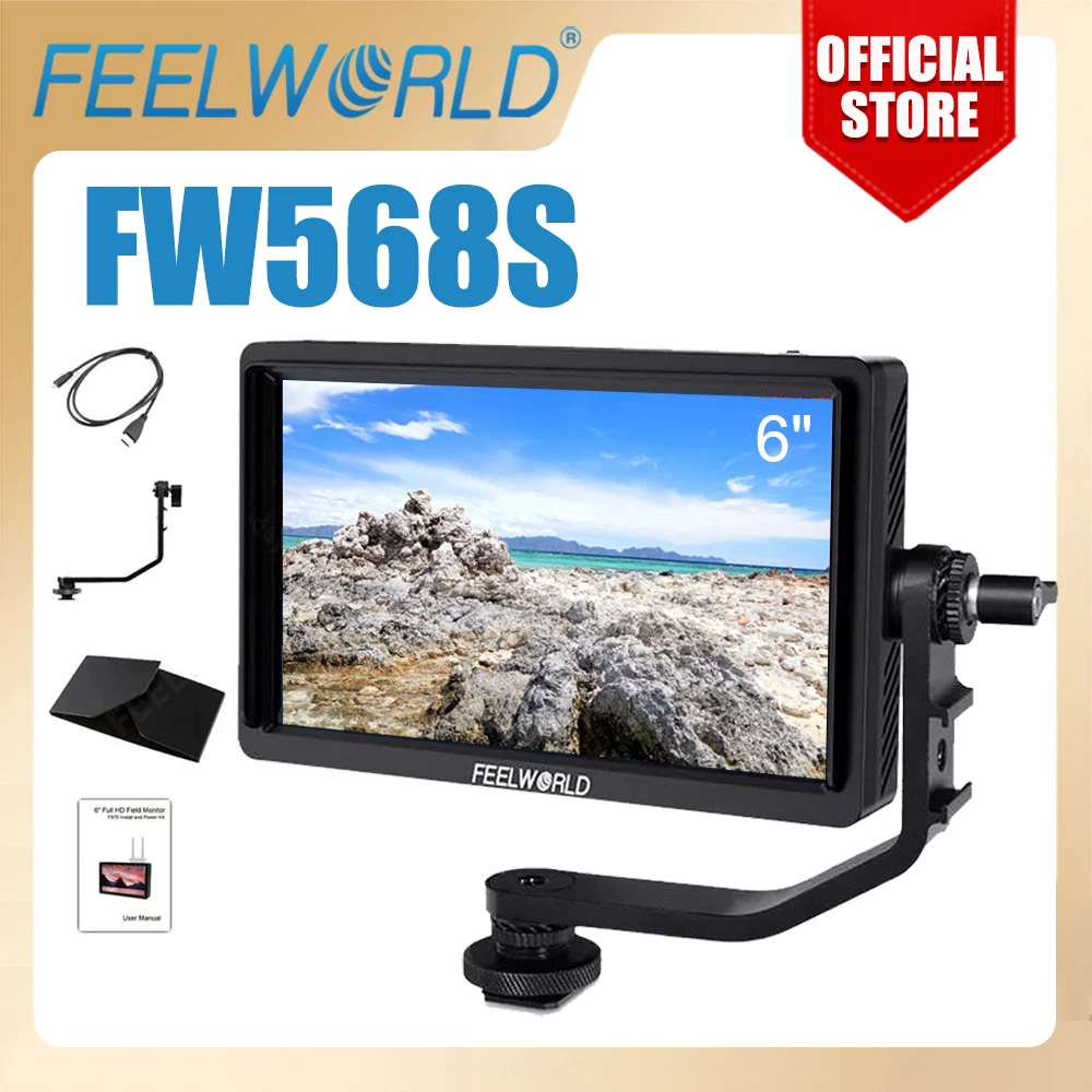 

FEELWORLD 6 Inch On Camera Video Monitor FW568S IPS 1920X1080 3G-SDI 4K HDMI Input OUtput F970 External Power and Install Kit
