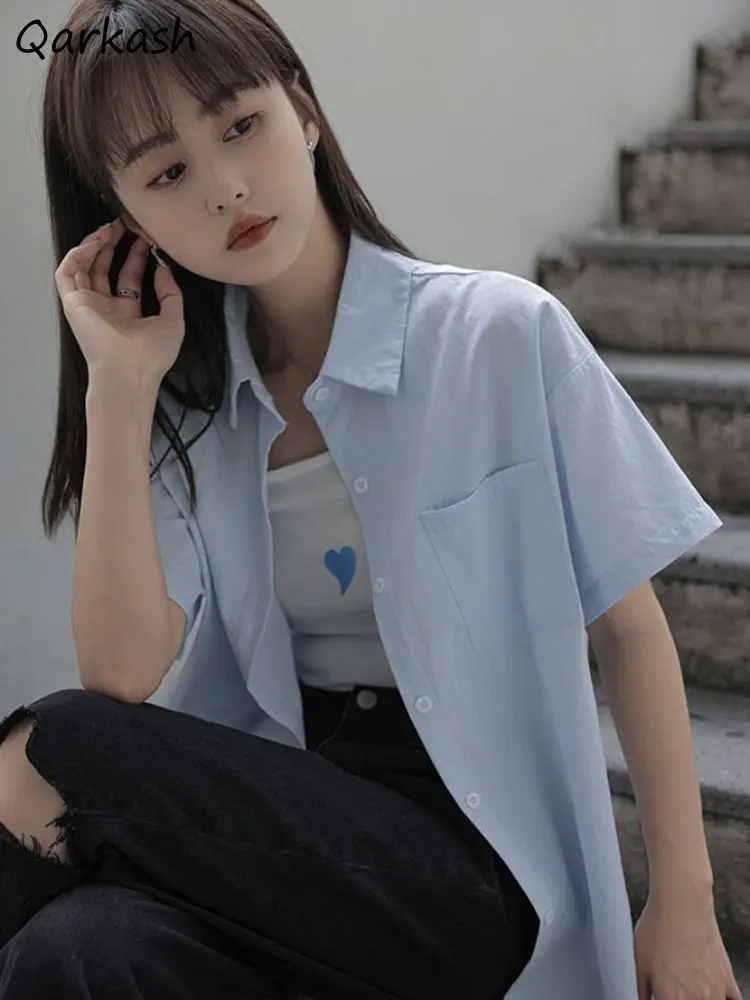 

S-4XL Shirts Women 4 Colors Females All-match Elegant Solid Minimalist Summer Tops Camisas Mujer Korean Style Cute Preppy Sweet